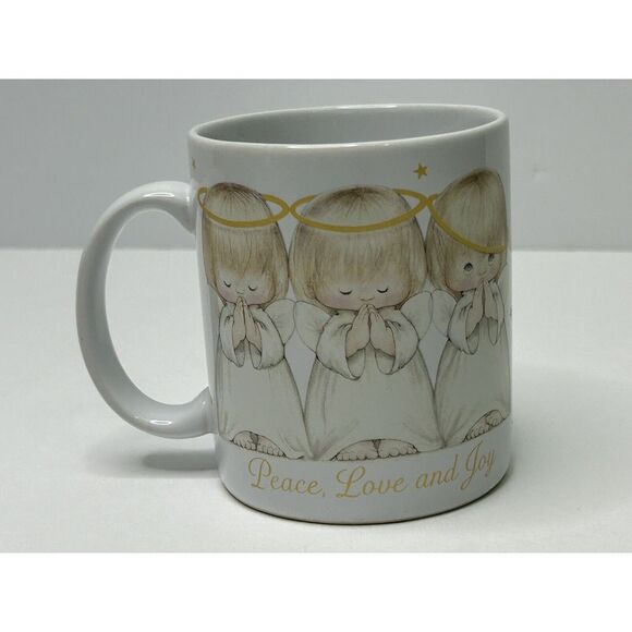 PEACE LOVE JOY Praying Angels Coffee Mug Cup Christmas White + Gold Color VTG - Picture 2 of 10